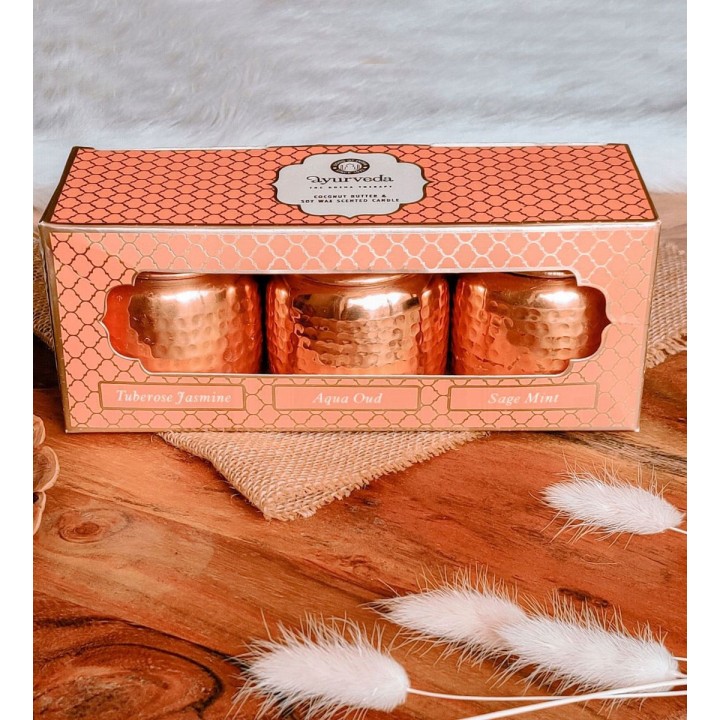 3 100 g. Luxurious Veda Scented Candle in Copper PlatedMetal Jar with Lid (Set of 3)Tuberose Jasmine (Vata)