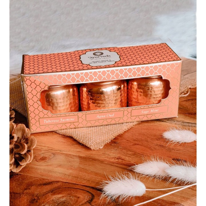 3 100 g. Luxurious Veda Scented Candle in Copper PlatedMetal Jar with Lid (Set of 3)Tuberose Jasmine (Vata)