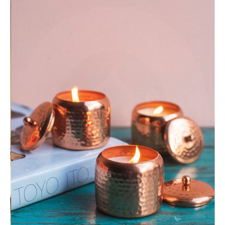 3 100 g. Luxurious Veda Scented Candle in Copper PlatedMetal Jar with Lid (Set of 3)Tuberose Jasmine (Vata)