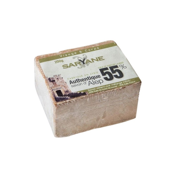 Traditional Aleppo soap 200g - 55 % Laurel OIl , 45 % Olive Oil , under transparent film - Saryane label 4 x boxes - available