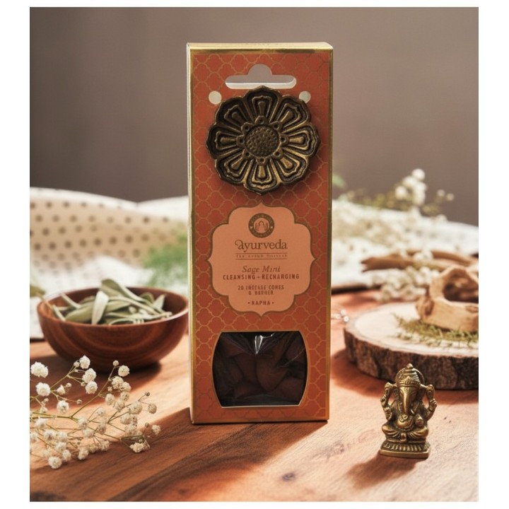Kadzidełka 20 stożków z metalową podstawką - Szałwia z Miętą (Dosha Kapha) - Luxurious Veda