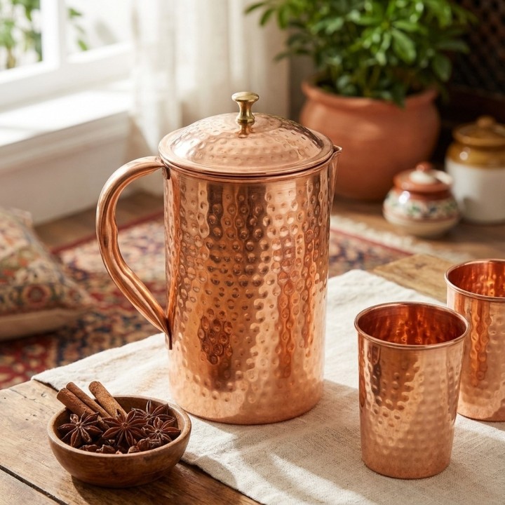 COPPER HAMMERED JUG (BRASS KNOB) 2litr [SE 252] - product photo