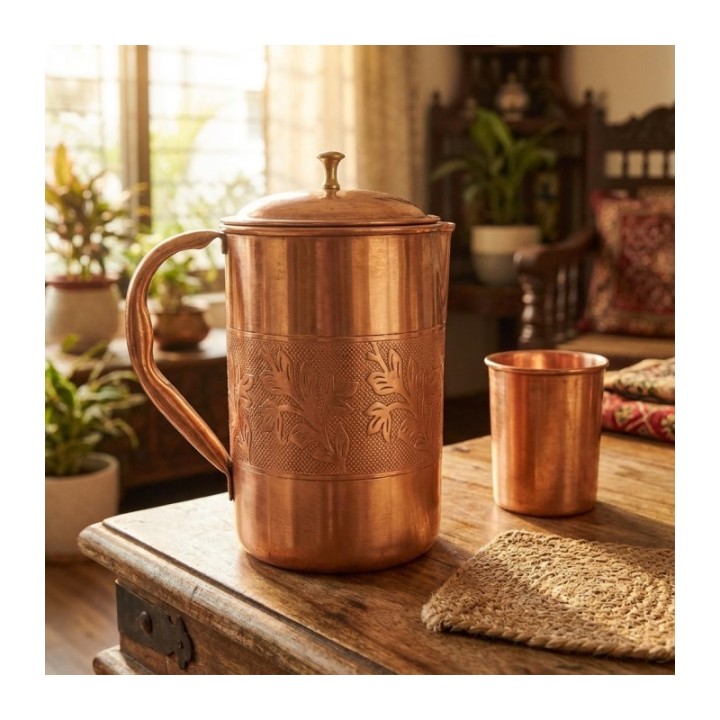 COPPER EMBOSSED JUG (BRASS KNOB) 2litr [SE 254] - product photo
