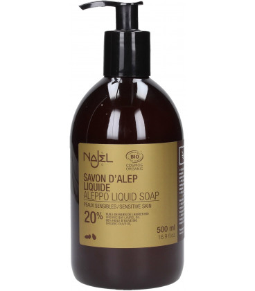 Mydło Aleppo 20% w płynie z dozownikiem oliwkowo-laurowe 500ml (20% oleju laurowego) Najel Mydło Aleppo 20% w płynie z dozownikiem oliwkowo-laurowe 500ml (20% oleju laurowego) Najel