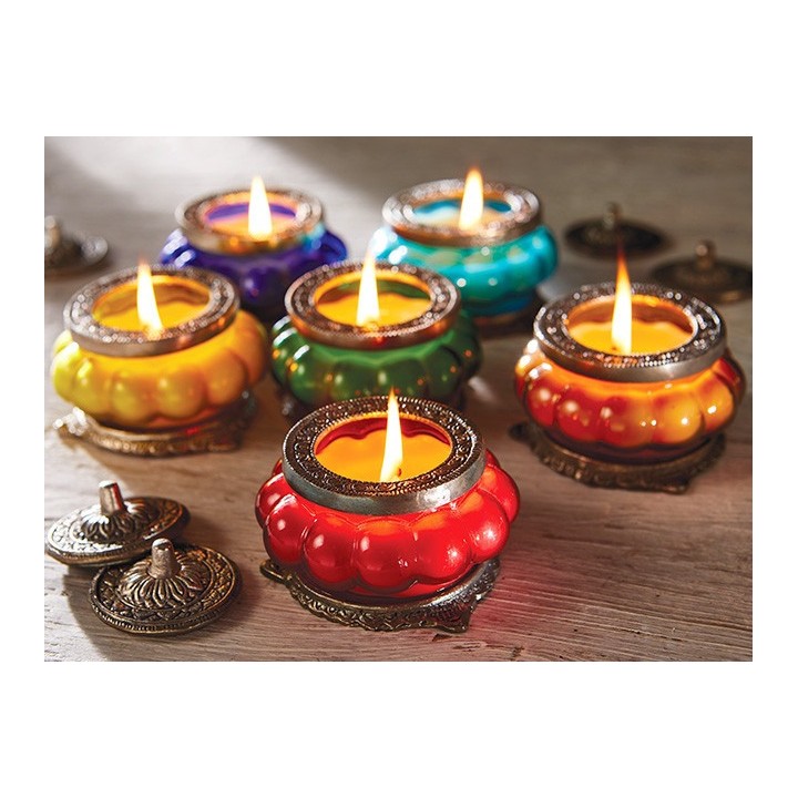 Nag Champa Perfumed Candle in Melon Shaped Blue Glass - White Metal Jars XL-NA