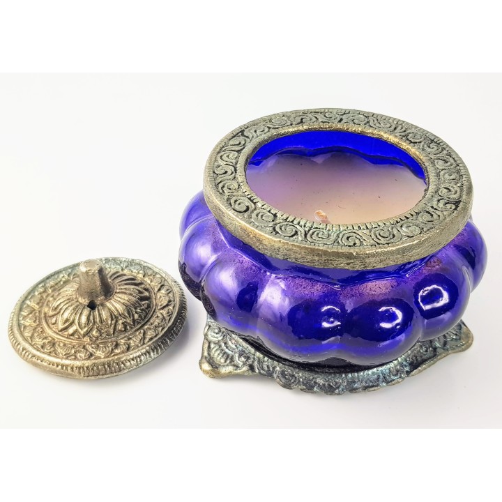 Perfumed Candle in Melon Shaped Glass - White Metal Jars Buddha Delight