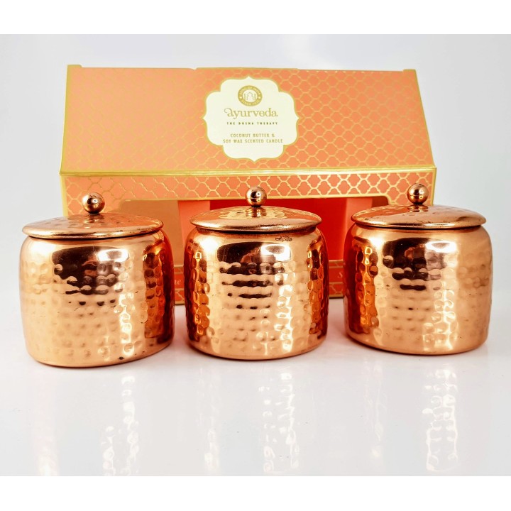 3 100 g. Luxurious Veda Scented Candle in Copper PlatedMetal Jar with Lid (Set of 3)Tuberose Jasmine (Vata)