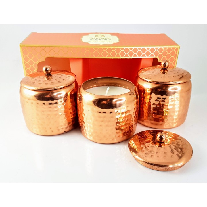 3 100 g. Luxurious Veda Scented Candle in Copper PlatedMetal Jar with Lid (Set of 3)Tuberose Jasmine (Vata)