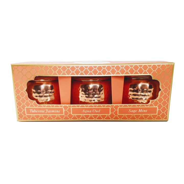 3 100 g. Luxurious Veda Scented Candle in Copper PlatedMetal Jar with Lid (Set of 3)Tuberose Jasmine (Vata)